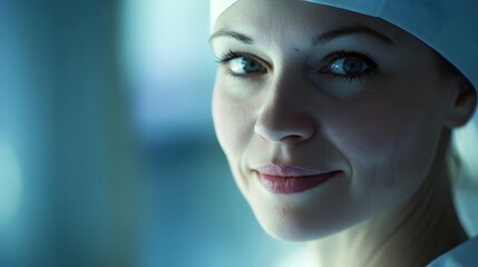 Nurse's Face with Compassionate Expression: A nurse's face, showing compassion and care, in a softly lit hospital setting. 
