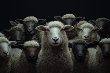 Obraz premium flock of sheep stands together, with one sheep prominently in center, showcasing mix of black and white wool. scene evokes sense of unity and curiosity among animals