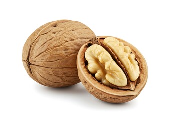 Walnuts Whole and Halved Showing Nut Meat on White