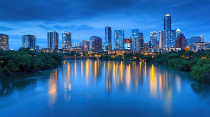 Fototapeta premium A city skyline with a river running through it, reflecting the buildings and lights.