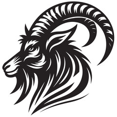Fierce Tribal Mountain Goat Head Logo in Black and White – Aggressive Ram Horn Design for Sports Teams, Outdoor Apparel, Tattoo Art, and Branding Use.
