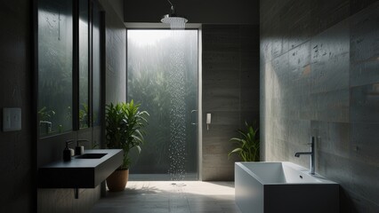 Modern Bathroom With Shower, Bathtub, and Natural Greenery Elements