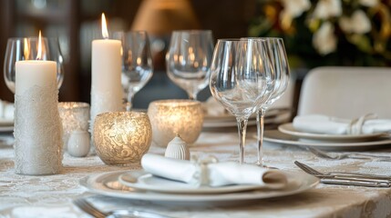 A festive dinner table with candles and elegant decorations for a special celebration.
