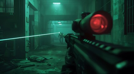 A night vision view of a deserted war zone, with laser sights illuminating the darkness.