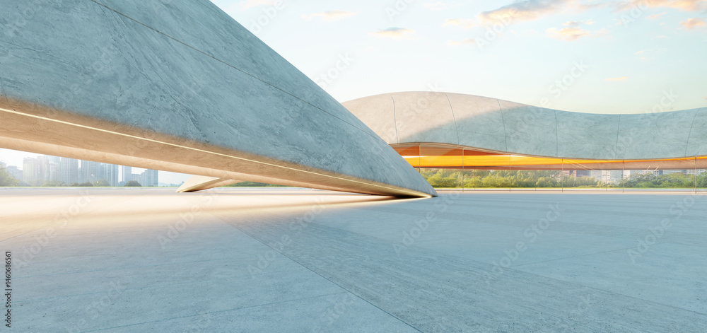 Poster 3d rendering empty parking lot with modern concrete architecture at sunset: 3d rendering