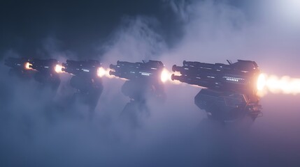 A row of high-tech artillery cannons firing in unison across a foggy battlefield.