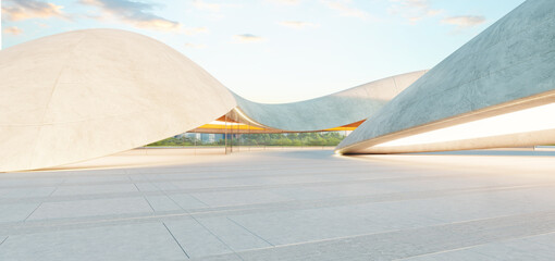 3d rendering Modern parking lot with futuristic concrete canopy structure at sunset: 3d rendering