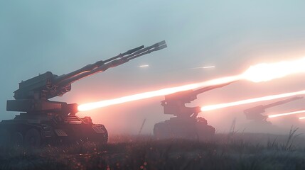 A row of high-tech artillery cannons firing in unison across a foggy battlefield.