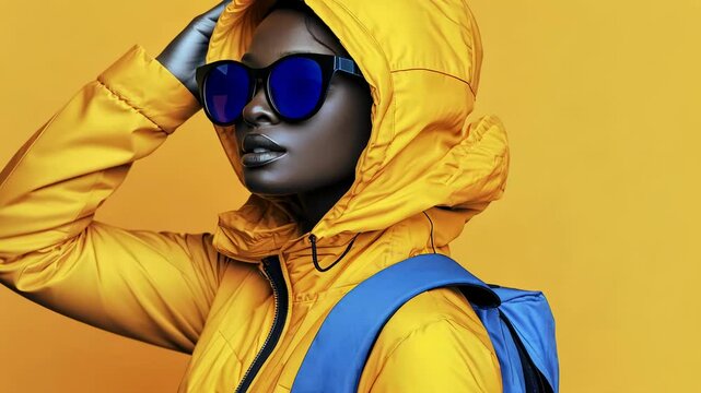 Trendy fashion model showcasing vibrant yellow jacket with blue backpack against bold background