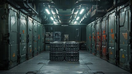 A series of high-tech weapon crates stacked inside a military warehouse.