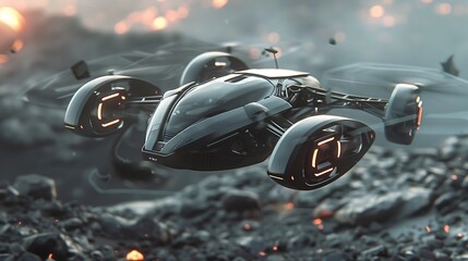 A sleek, futuristic drone navigating a war-torn battlefield.