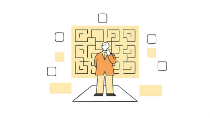 make a decision for solution for business idea concept miniature figure businessman standing at the center of confusing qr code labyrinth maze thinking to find the way out 070525