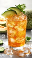 Fototapeta premium Refreshing beverage garnished with cucumber slices and mint.