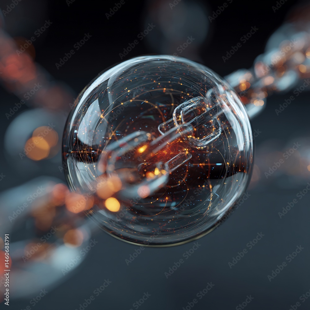 Poster intricate digital network within crystal orb connected by blockchain links