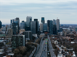Montreal city downtown entrance. Skyline background of office, residential, and condo buildings