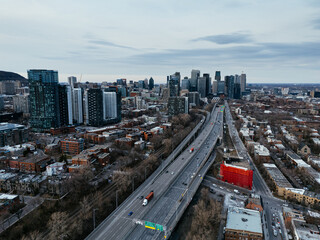 Montreal city downtown entrance. Skyline background of office, residential, and condo buildings