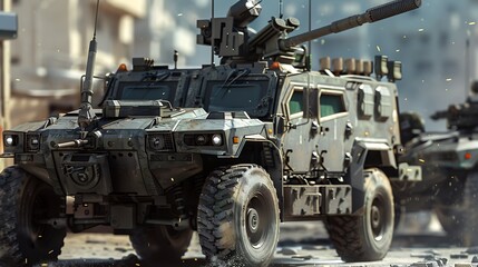 A sophisticated weapon system locked and loaded on a military vehicle.