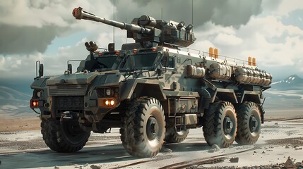 A sophisticated weapon system locked and loaded on a military vehicle.