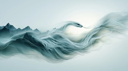A large wave with a snake swimming in it. The snake is long and thin, and it is swimming through the water. The image has a sense of movement and energy