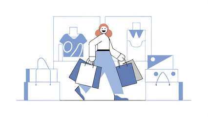 shopping at retail store happiness and joyful of buying discount stuff shopaholic or fashionable concept stylish cheerful lady woman walking and carrying lot of shopping bags 070525