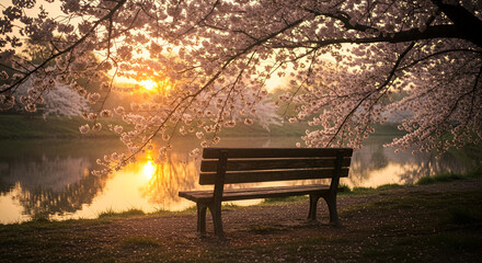 Bench in the park .spring blossom theme