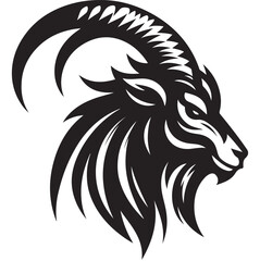 Fierce Tribal Mountain Goat Head Logo in Black and White – Aggressive Ram Horn Design for Sports Teams, Outdoor Apparel, Tattoo Art, and Branding Use.