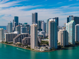 Miami from Brickell Key in Florida. Skyscraper in downtown city. Cityscape skyline. Brickell...