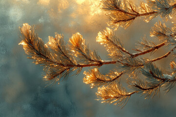 Golden pine needles on frosty branch.