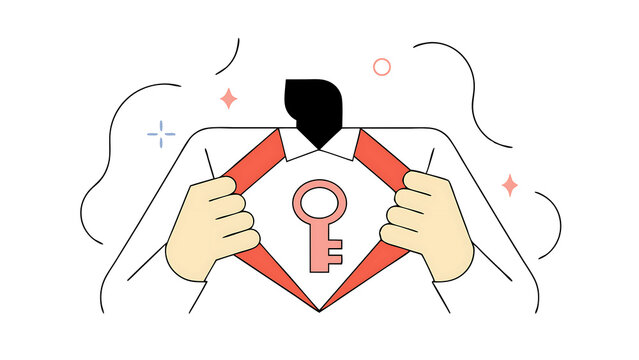 unlock true potential your ideal self to success in career or business secret mind or skill to solve problem concept confidence businessman holding golden key about to unlock keyhole on his shirt