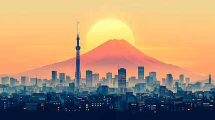 Minimalist flat art of Tokyo skyline with Skytree towering over modern buildings, Mt. Fuji behind in large symmetrical silhouette, golden hour sky in soft tones, vector clarity, hd quality,