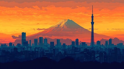Minimalist flat art of Tokyo skyline with Skytree towering over modern buildings, Mt. Fuji behind in large symmetrical silhouette, golden hour sky in soft tones, vector clarity, hd quality,
