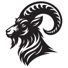 Fierce Tribal Mountain Goat Head Logo in Black and White – Aggressive Ram Horn Design for Sports Teams, Outdoor Apparel, Tattoo Art, and Branding Use.