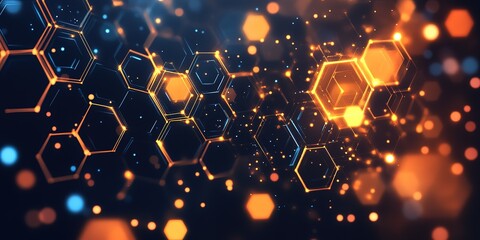 Abstract background with glowing hexagons in blue and orange colors. Futuristic digital technology concept. Abstract futuristic dark wallpaper design. High-resolution vector illustration