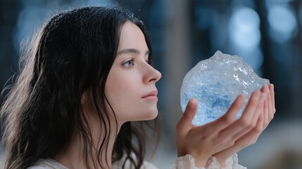 Naklejka premium Young caucasian female holding ice orb in forest