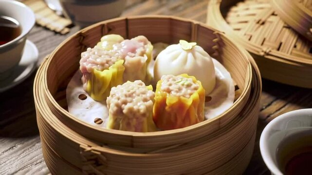 A bamboo steamer filled with assorted Chinese dim sum, including shrimp dumplings (har gow), siu mai, and steamed buns