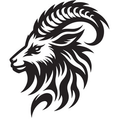 Fierce Tribal Mountain Goat Head Logo in Black and White – Aggressive Ram Horn Design for Sports Teams, Outdoor Apparel, Tattoo Art, and Branding Use.