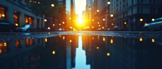 Sunset reflection in a city street puddle.  Warm light contrasts cool blues