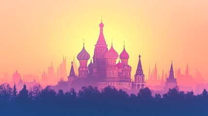 Fototapeta premium Minimalist frontal silhouette of Saint Basil’s Cathedral, pastel background gradient from peach to lavender, foreground in full shadow, abstract flat layout, hd quality, natural look. --ar 16:9