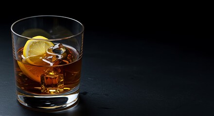 Golden Hour Spirits: Amber Liquid, Ice, and Lemon in Low-Light Photography AI Generated