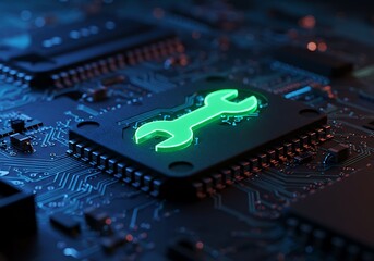Wrench Icon Glowing on Circuit Board for Technical Support