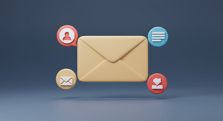 A 3D rendered envelope surrounded by icons representing contact, list, email, and download, illustrating concepts of digital communication and messaging.