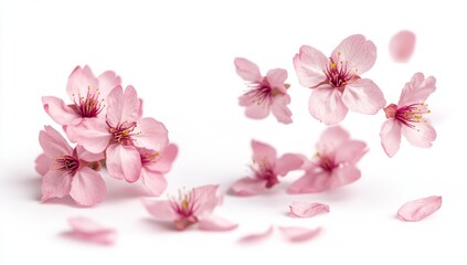 Delicate pink cherry blossoms, softly falling, against a white backdrop.  Clusters and individual flowers, petals in motion