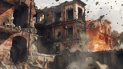 An intense firefight scene with bullets ricocheting off dilapidated buildings.
