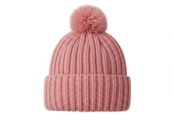 Pink knitted hat with pompom isolated on white background