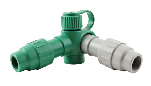 Closeup of a green and white plastic pipe section isolated on white for plumbing construction