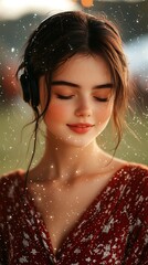 Obraz premium Serene woman, eyes closed, enjoying music