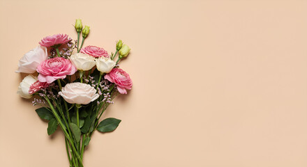 Bouquet of flowers on a pastel color background with copy space