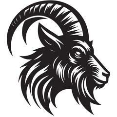 Fierce Tribal Mountain Goat Head Logo in Black and White – Aggressive Ram Horn Design for Sports Teams, Outdoor Apparel, Tattoo Art, and Branding Use.