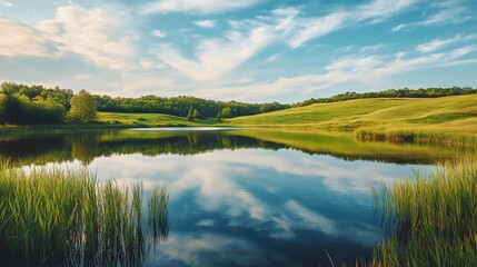 Serene lake, mirroring clouds