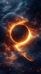 Fiery cosmic ring encircled by nebulae and stars.